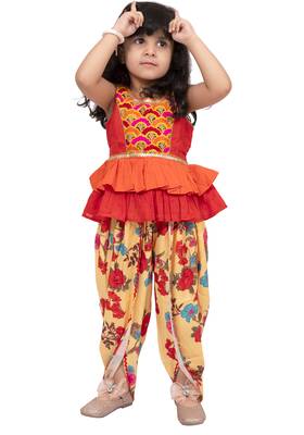 cotton sleeveless embroidered top with dhoti -orange & yellow 1