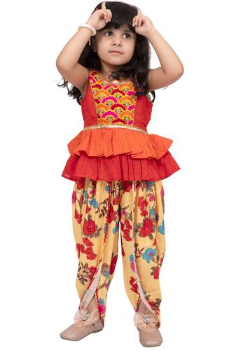 cotton sleeveless embroidered top with dhoti -orange & yellow
