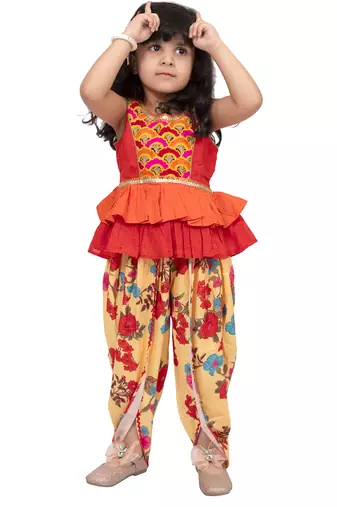 cotton sleeveless embroidered top with dhoti -orange & yellow