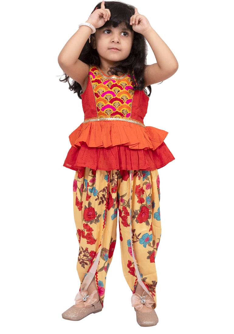 cotton sleeveless embroidered top with dhoti -orange & yellow