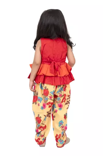cotton sleeveless embroidered top with dhoti -orange & yellow