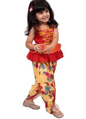 cotton sleeveless embroidered top with dhoti -orange & yellow 3