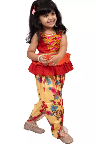cotton sleeveless embroidered top with dhoti -orange & yellow