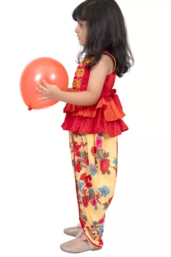 cotton sleeveless embroidered top with dhoti -orange & yellow