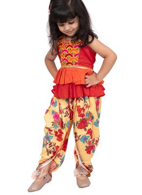 cotton sleeveless embroidered top with dhoti -orange & yellow 5