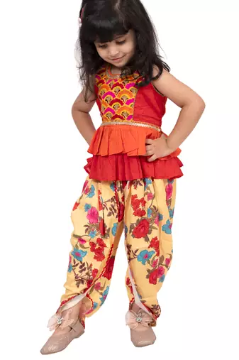 cotton sleeveless embroidered top with dhoti -orange & yellow