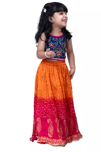 sleeveless embroidered top with crushed lehenga -blue & orange