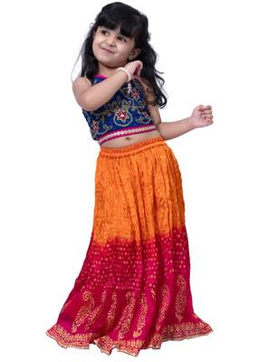sleeveless embroidered top with crushed lehenga -blue & orange 1