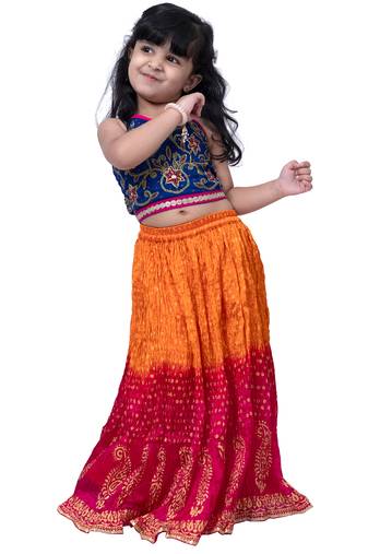 sleeveless embroidered top with crushed lehenga -blue & orange