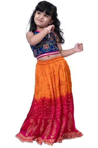 sleeveless embroidered top with crushed lehenga -blue & orange