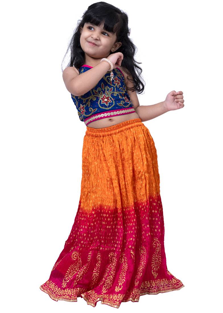 sleeveless embroidered top with crushed lehenga -blue & orange