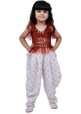 sleeveless all over printed top with dhoti -brown & white 1