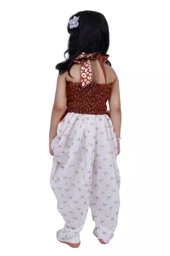 sleeveless all over printed top with dhoti -brown & white
