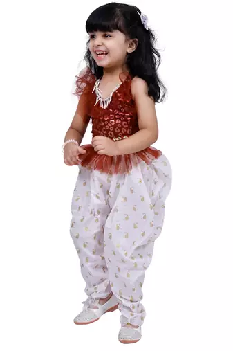 sleeveless all over printed top with dhoti -brown & white