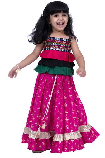 sleeveless embroidered top with lehenga -black & pink