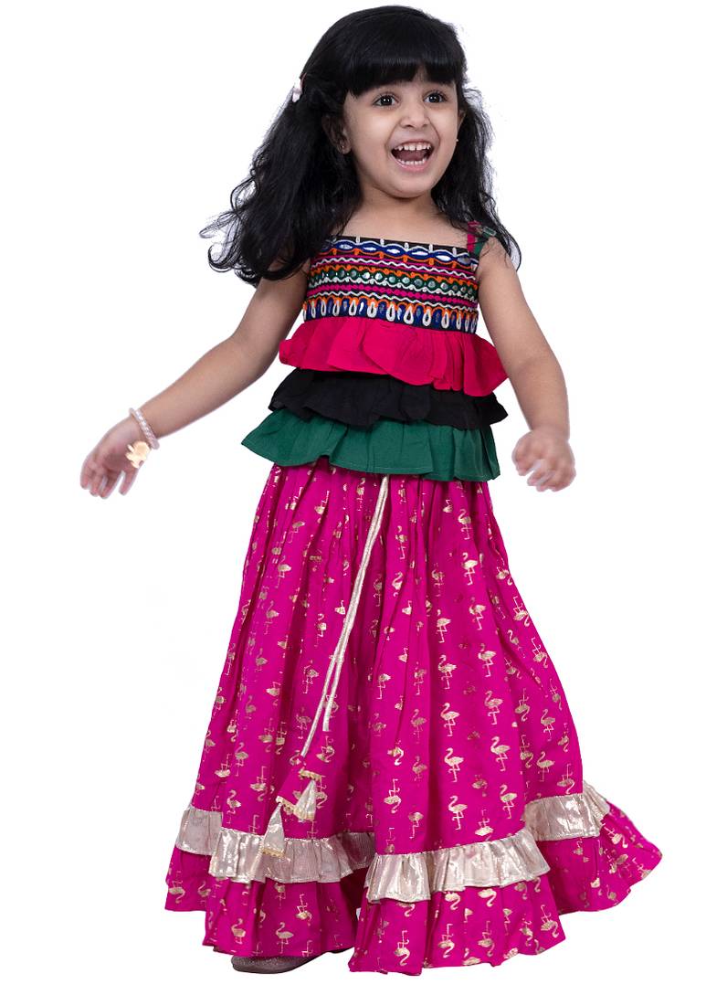 sleeveless embroidered top with lehenga -black & pink