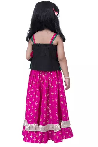 sleeveless embroidered top with lehenga -black & pink