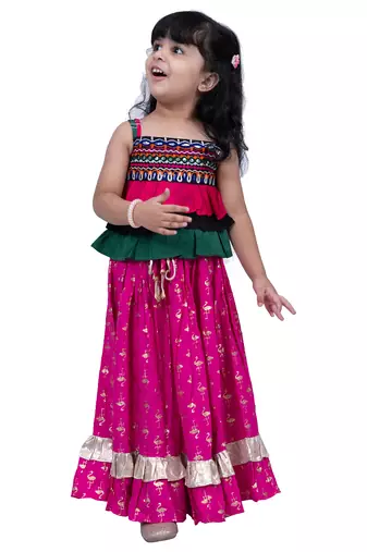sleeveless embroidered top with lehenga -black & pink