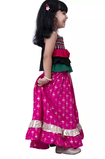 sleeveless embroidered top with lehenga -black & pink
