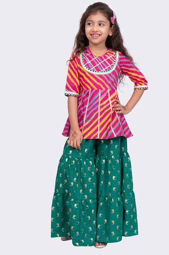 cotton 3/4sleeves leheriya printed top with sharara - pink & green
