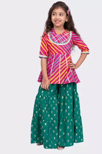cotton 3/4sleeves leheriya printed top with sharara - pink & green