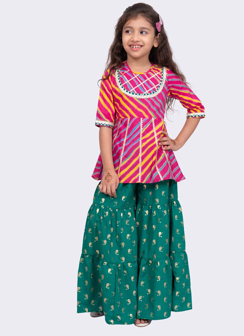 cotton 3/4sleeves leheriya printed top with sharara - pink & green