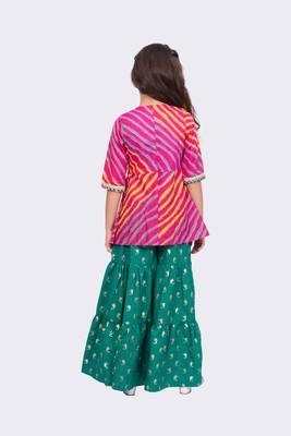 cotton 3/4sleeves leheriya printed top with sharara - pink & green 2