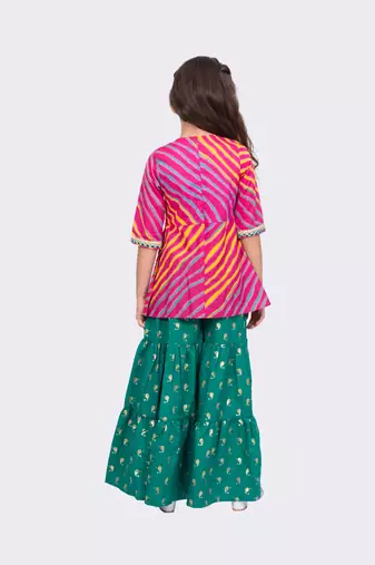 cotton 3/4sleeves leheriya printed top with sharara - pink & green