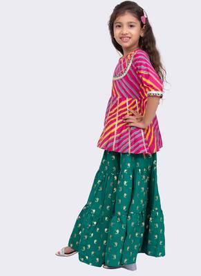 cotton 3/4sleeves leheriya printed top with sharara - pink & green 3