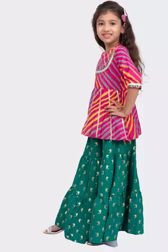 cotton 3/4sleeves leheriya printed top with sharara - pink & green