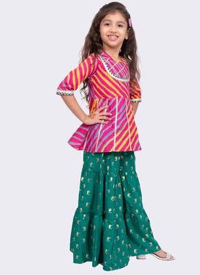 cotton 3/4sleeves leheriya printed top with sharara - pink & green 4