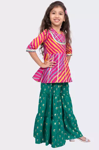 cotton 3/4sleeves leheriya printed top with sharara - pink & green