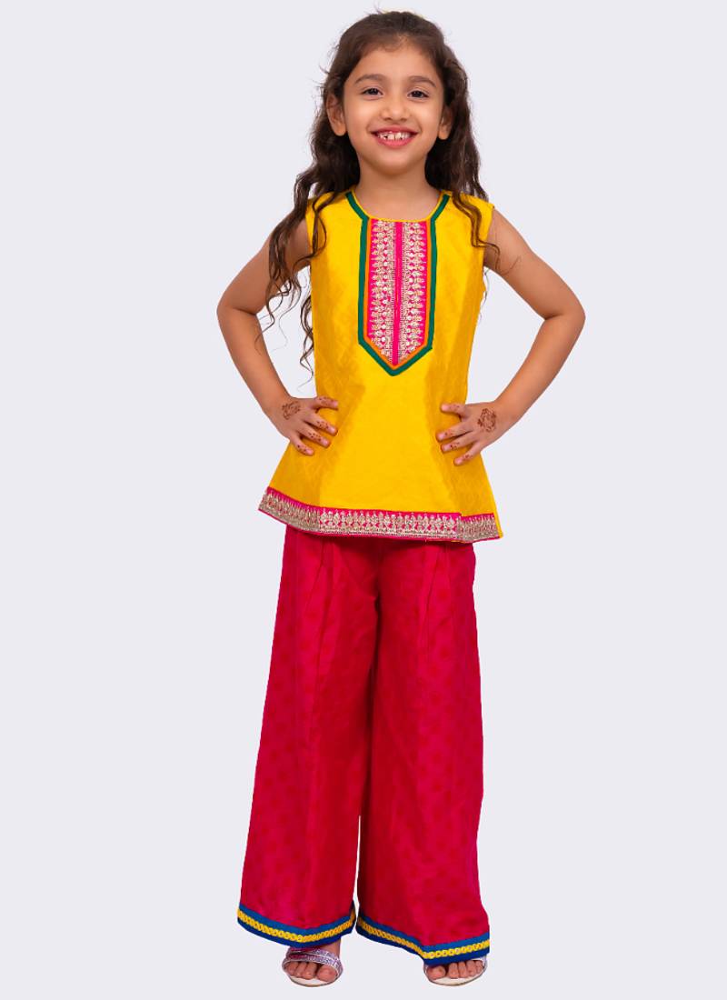 sleeveless embellished top with palazzo -yellow & pink