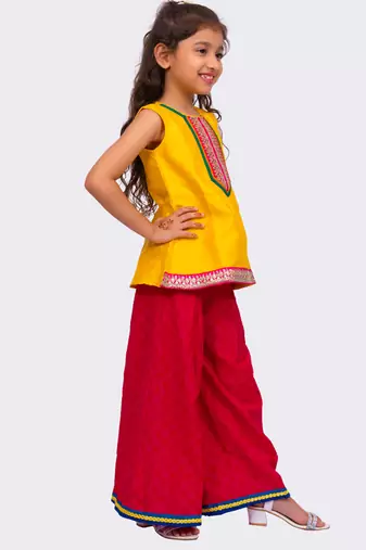 sleeveless embellished top with palazzo -yellow & pink