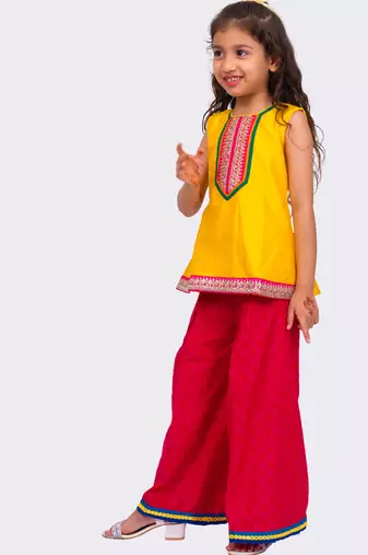 sleeveless embellished top with palazzo -yellow & pink