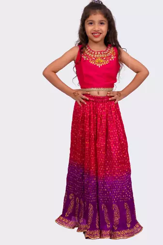 sleeveless embroidered top with lehenga -pink & purple