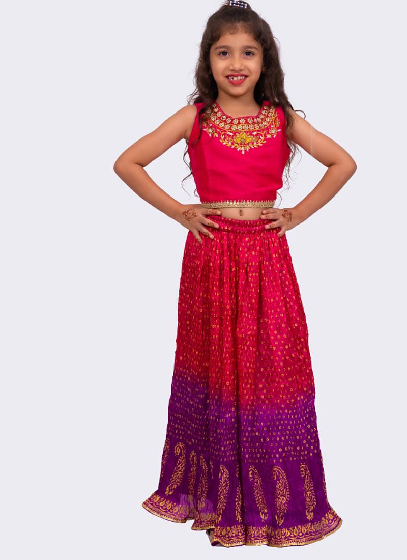 sleeveless embroidered top with lehenga -pink & purple