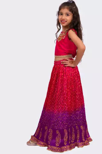 sleeveless embroidered top with lehenga -pink & purple