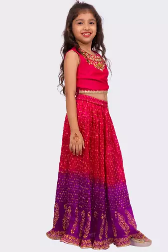 sleeveless embroidered top with lehenga -pink & purple