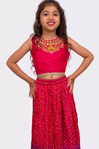 sleeveless embroidered top with lehenga -pink & purple