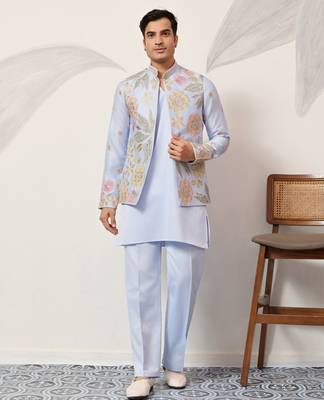 SKY BLUE SATIN SILK THEAD WITH SEQUINS EMBROIDERED WORK WEDDING FUNCTION FESTIVAL PARTY WEAR STRAIGHT KURTA PANT KOTI 8