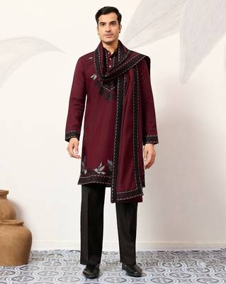 Maroon viscose silk thread with sequence embroidered work kurta & dupatta 1
