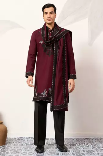 Maroon viscose silk thread with sequence embroidered work kurta & dupatta