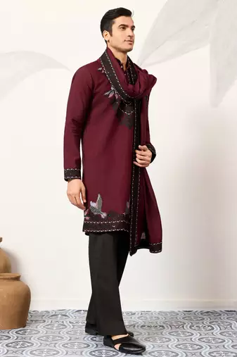 Maroon viscose silk thread with sequence embroidered work kurta & dupatta