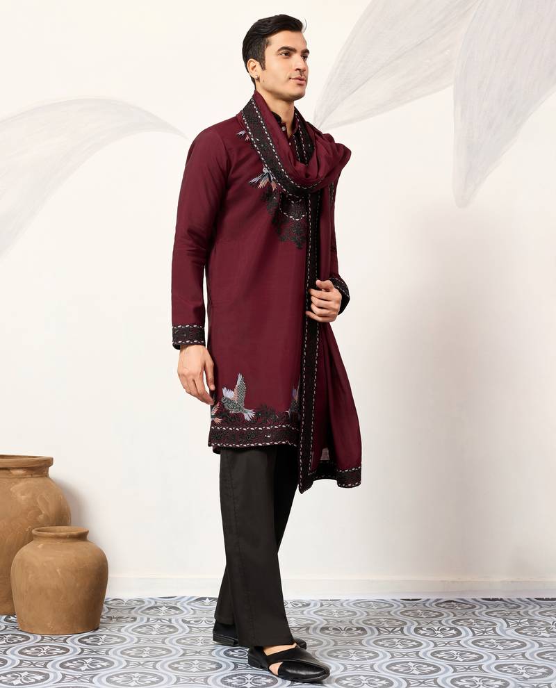 Maroon viscose silk thread with sequence embroidered work kurta & dupatta