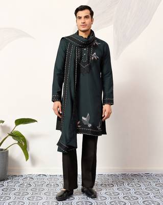 Green viscose silk thread with sequence embroidered work kurta & dupatta 1
