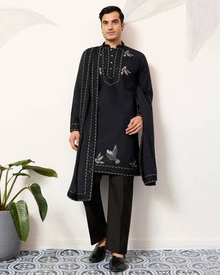 Navy blue viscose silk thread with sequence embroidered work kurta & dupatta 1