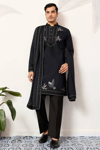 Navy blue viscose silk thread with sequence embroidered work kurta & dupatta