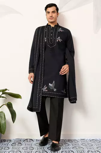 Navy blue viscose silk thread with sequence embroidered work kurta & dupatta