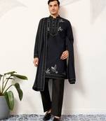 Navy blue viscose silk thread with sequence embroidered work kurta & dupatta